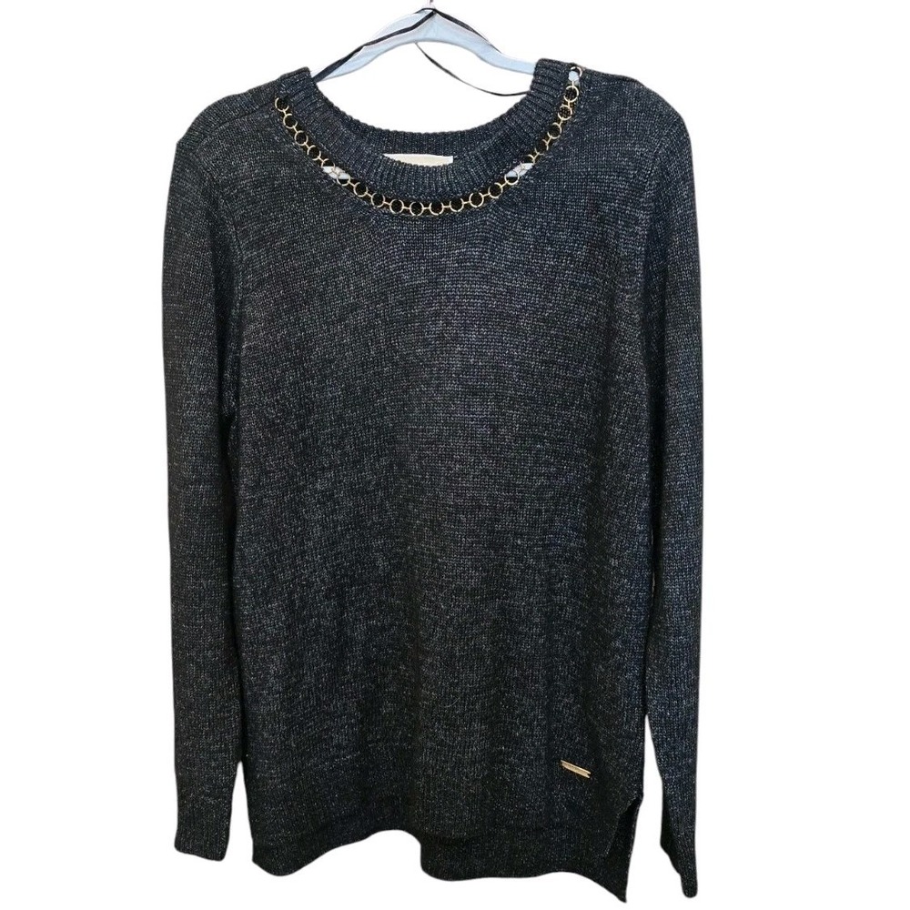 Michael Kors Gray Sweater Pullover metal circle decor around neck size‎ Large